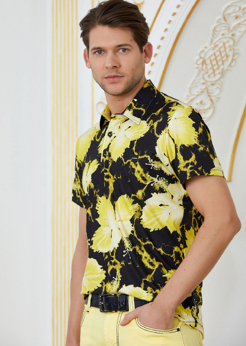 Black Yellow Leaf Spandex Polo